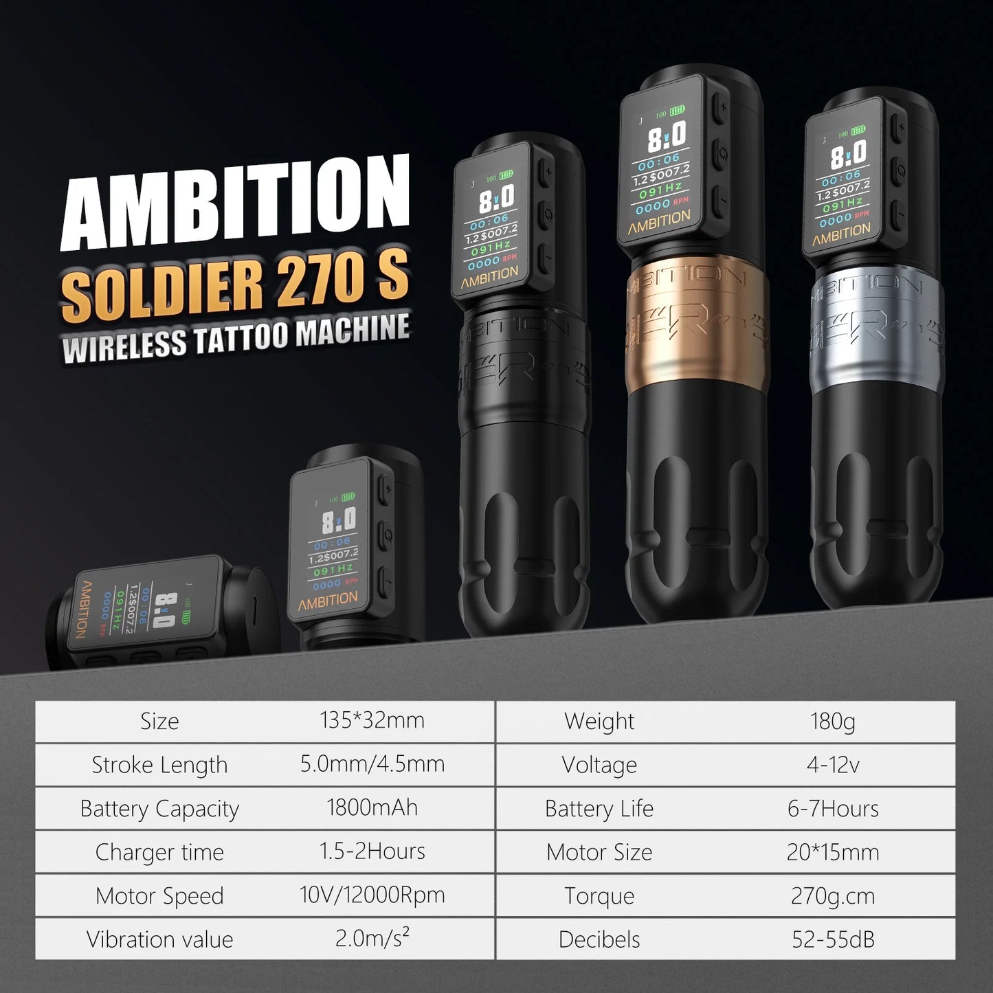 Ambition Soldier270S Wireless Tattoo Machine Stroke5.0mm+4.5mm 1800mAh Billing Battery with 270 g.cm High Torque Brushless Motor