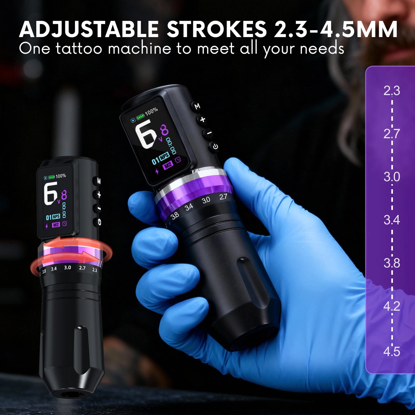 1PC Wireless Tattoo Machine 2.3-4.5MM Adjustable Stroke Tattoo gun With 2200mAh capacity Battery Tattoo pen  for Tattoo  Artist