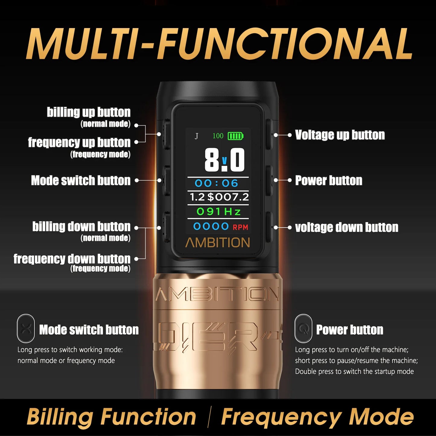 Ambition Soldier270S Wireless Tattoo Machine Stroke5.0mm+4.5mm 1800mAh Billing Battery with 270 g.cm High Torque Brushless Motor