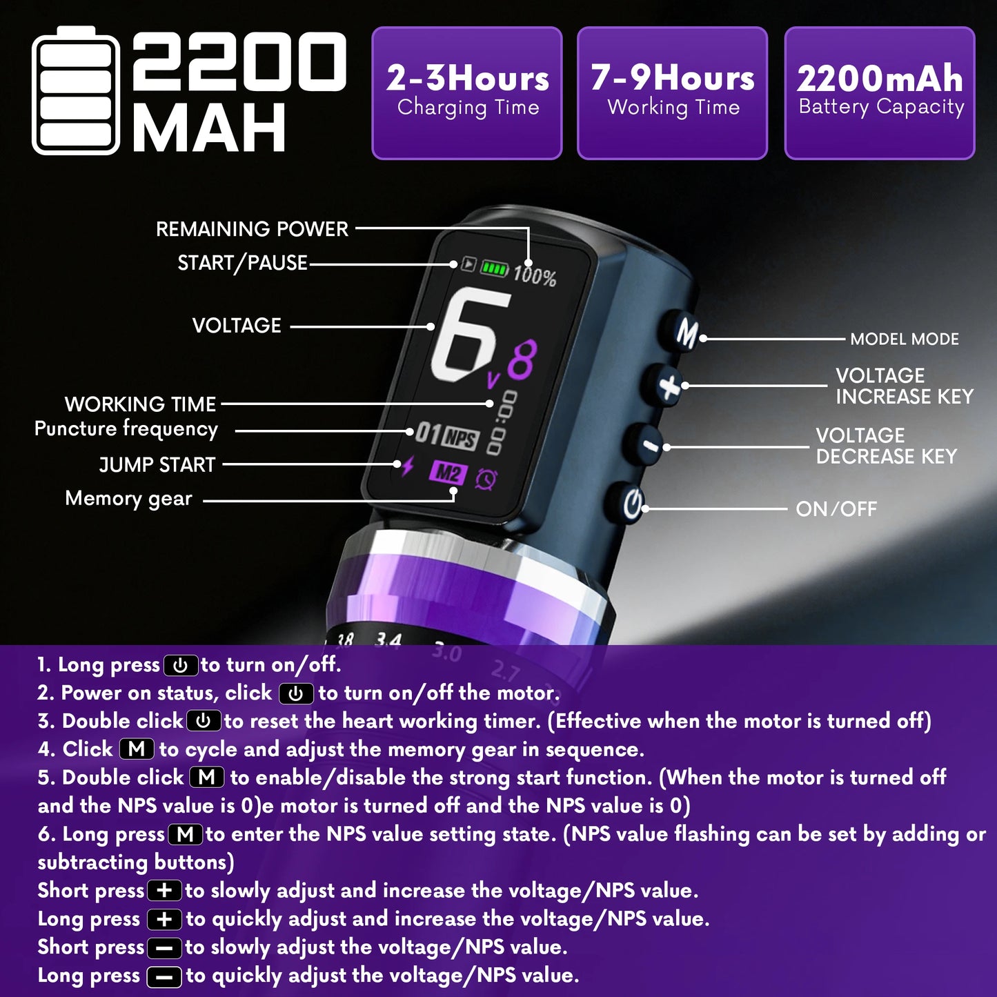 1PC Wireless Tattoo Machine 2.3-4.5MM Adjustable Stroke Tattoo gun With 2200mAh capacity Battery Tattoo pen  for Tattoo  Artist