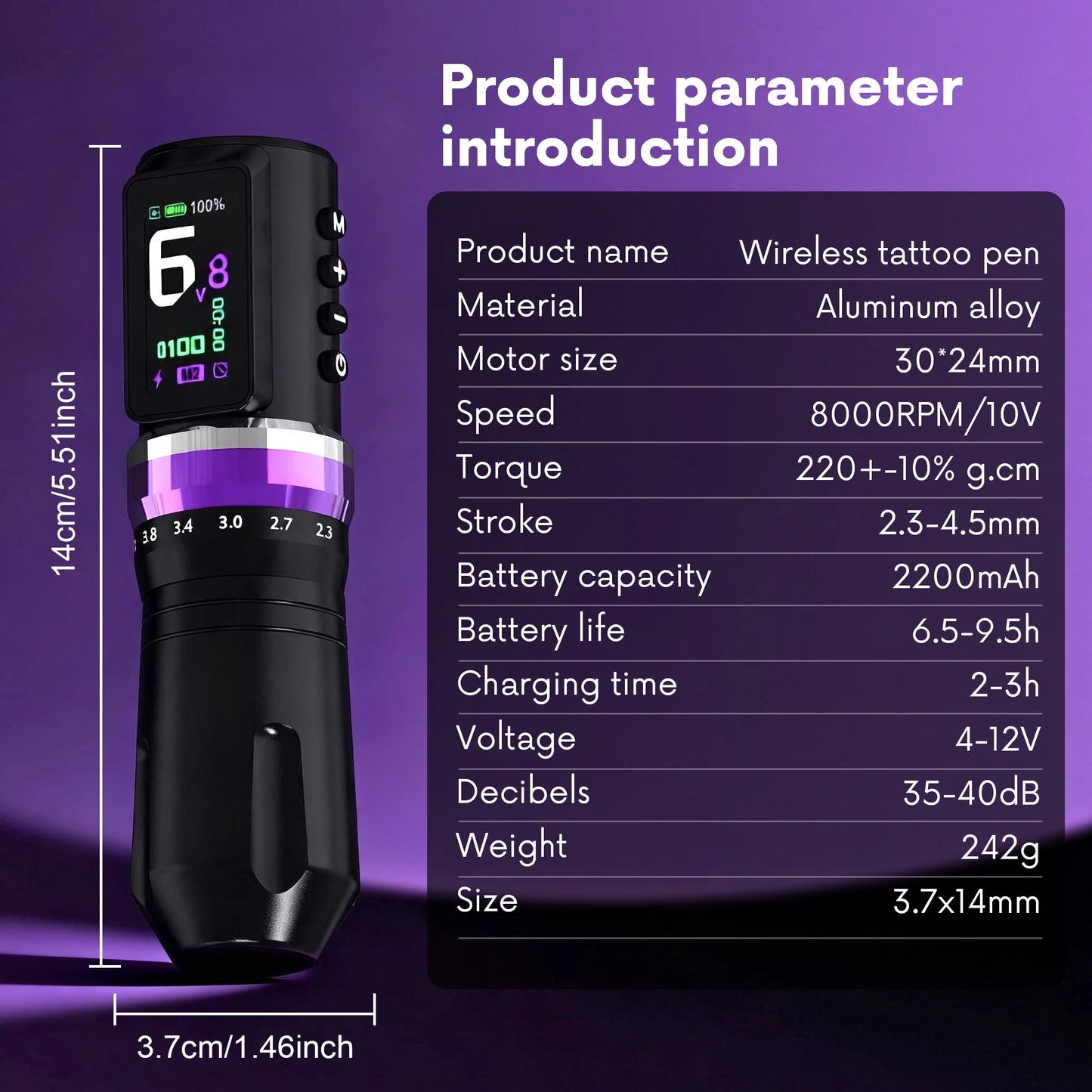 1PC Wireless Tattoo Machine 2.3-4.5MM Adjustable Stroke Tattoo gun With 2200mAh capacity Battery Tattoo pen  for Tattoo  Artist